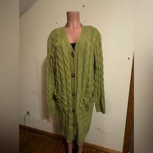 Women’s Long 2XL Kelly Green Cable Knit Button Front Cardigan W/pockets‎ Fashion